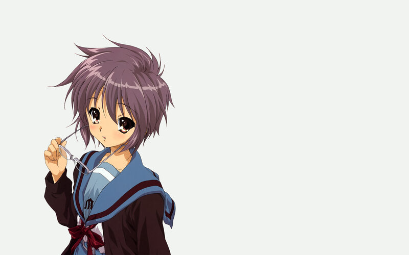 Anime Girl Holding Glasses — Purple, Calm, School Uniform