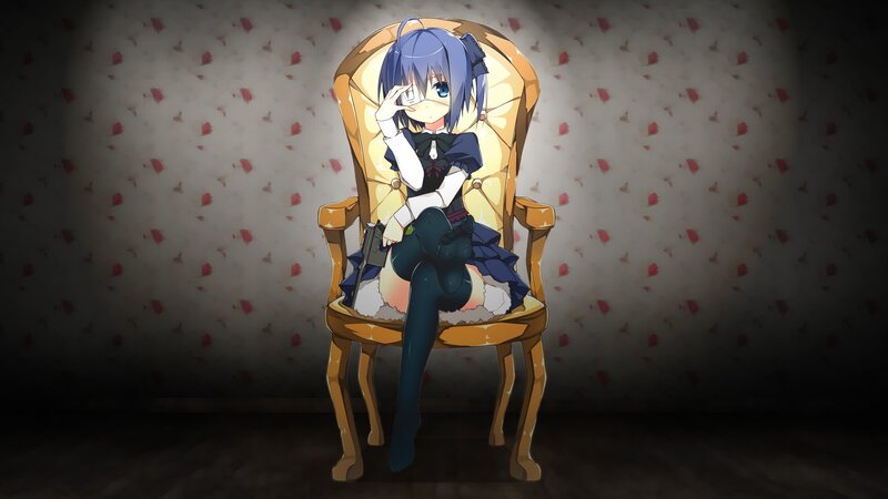 Anime Girl Holding Gun — Blue, Dramatic, Chair