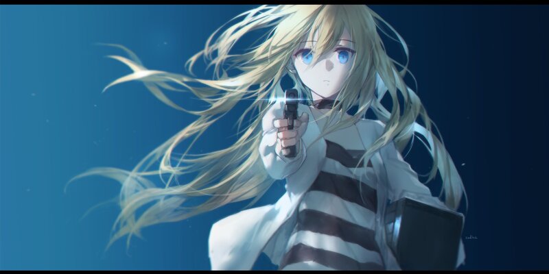 Anime Girl Holding Gun — Blue, Dramatic, Digital Art, Long Hair