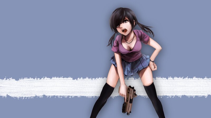 Anime Girl Holding Gun — Blue, Dramatic, Digital Art