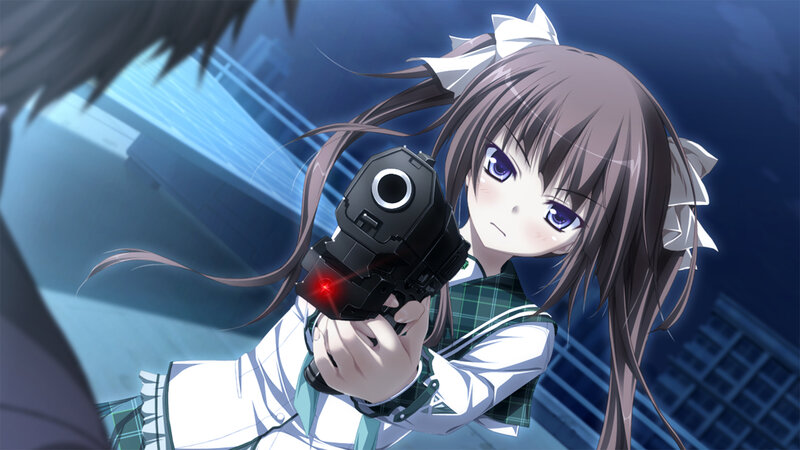 Anime Girl Holding Gun — Blue, Dramatic, Night, School Uniform