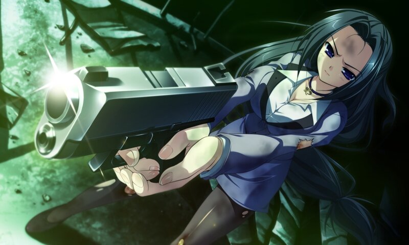 Anime Girl Holding Gun — Blue, Dramatic