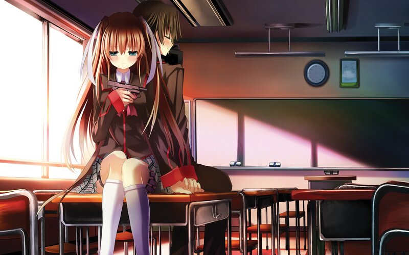 Anime Girl Holding Gun — Brown, Dramatic, Afternoon, Classroom