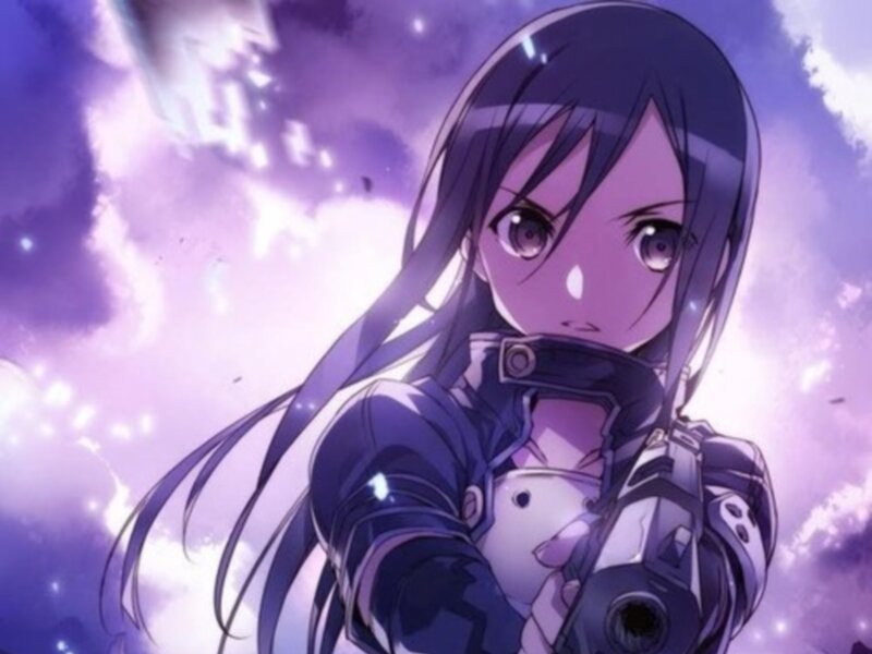 Anime Girl Holding Gun — Purple, Dramatic, Long Hair