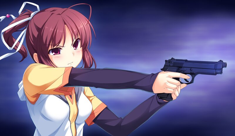 Anime Girl Holding Gun — Purple, Dramatic, Night, Ribbon