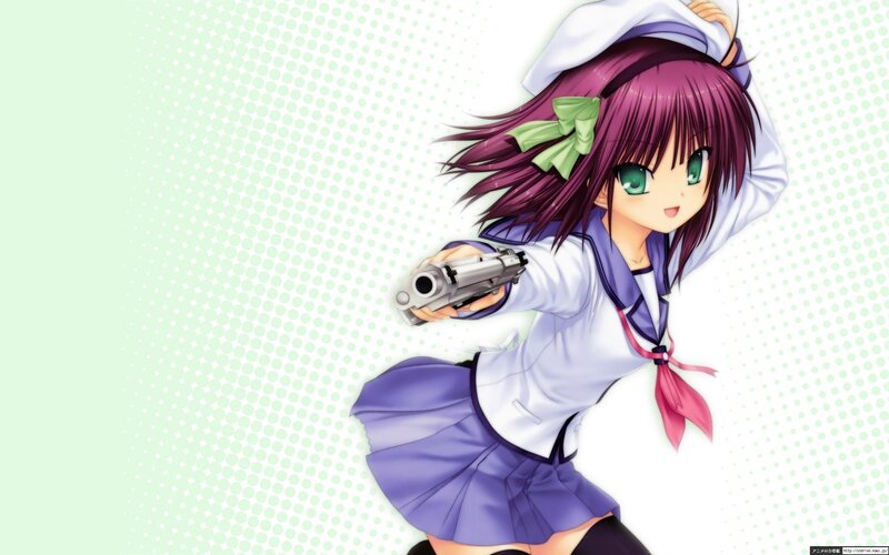 Anime Girl Holding Gun — Purple, Dynamic, School Uniform, Green Bow