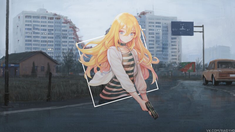 Anime Girl Holding Gun — Yellow, Dramatic, Digital Art