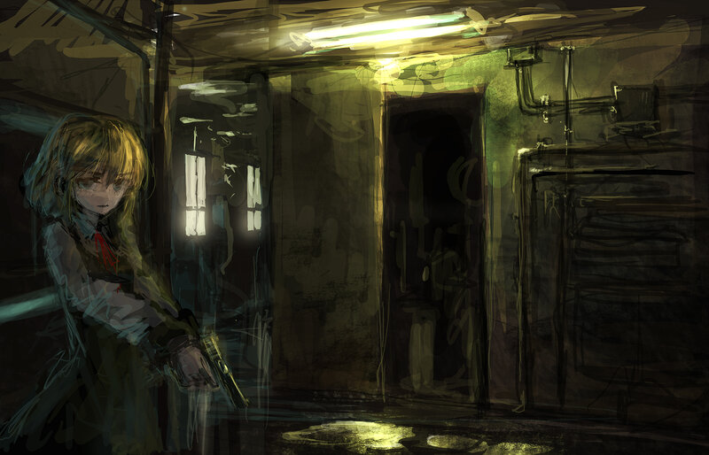 Anime Girl Holding Gun — Yellow, Dramatic