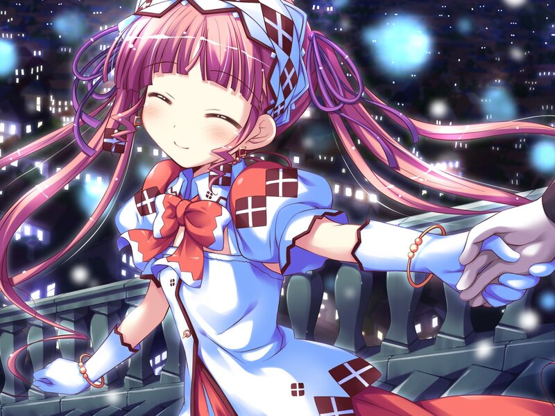 Anime girl holding hands at night
