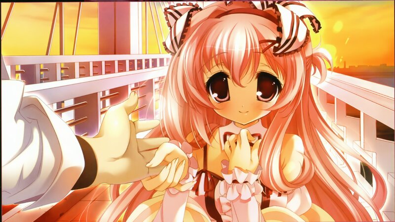Anime girl holding hands at sunset
