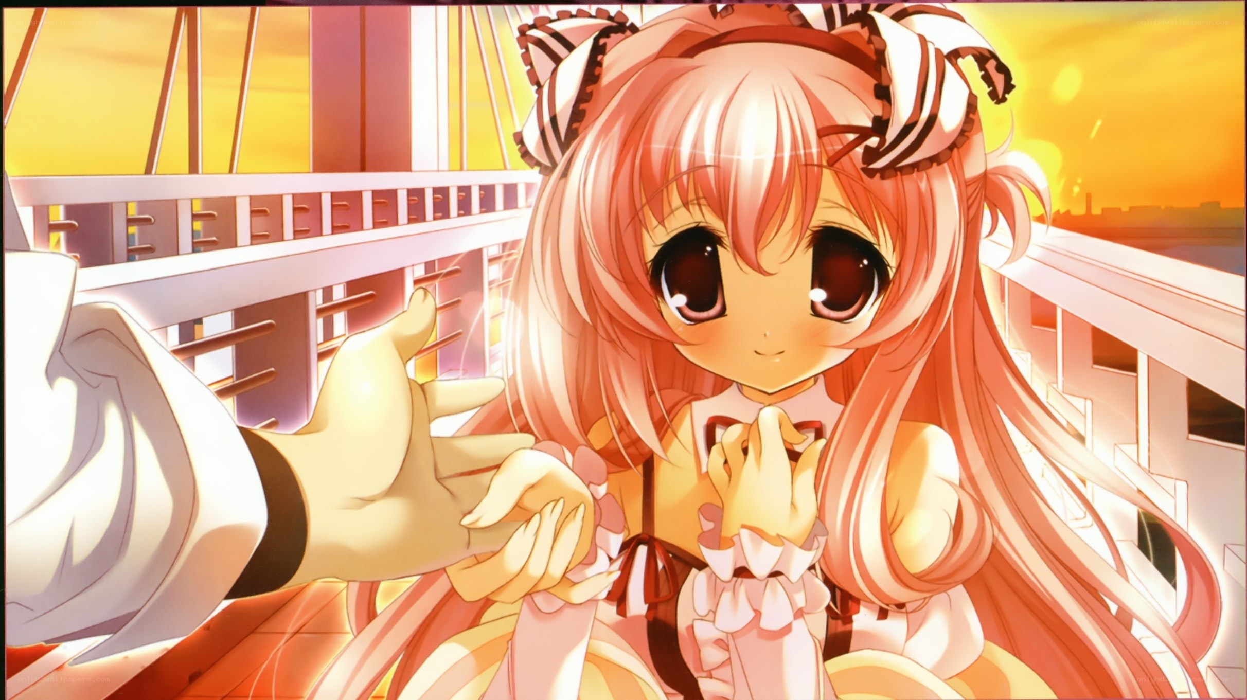Anime girl holding hands at sunset