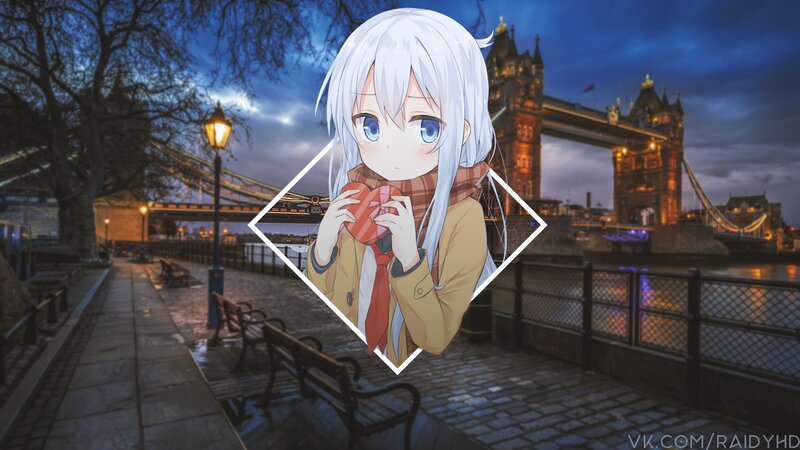 Anime Girl Holding Heart — Blue, Serene, Night, Digital Art, Tower Bridge