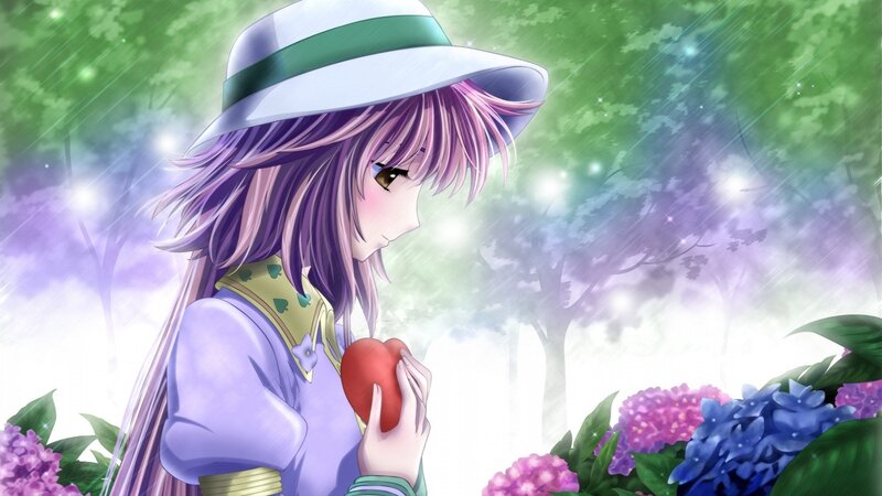 Anime Girl Holding Heart — Purple, Serene, Spring, Digital Art