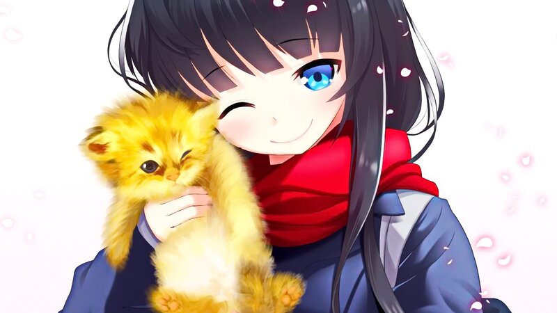 Anime Girl Holding Kitten — Blue