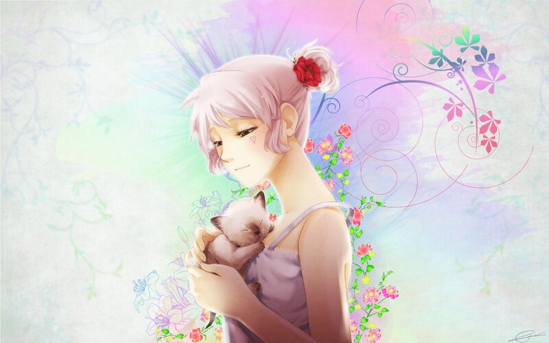 Anime Girl Holding Kitten