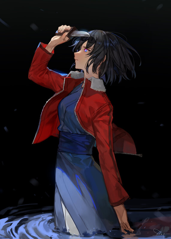 Anime Girl Holding Knife — Black, Dramatic, Night