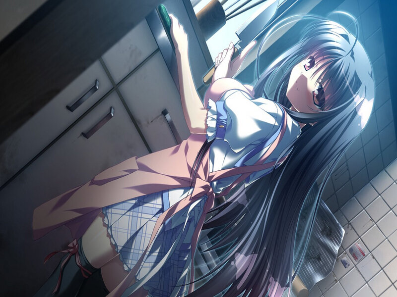 Anime Girl Holding Knife — Blue, Dramatic, Kitchen
