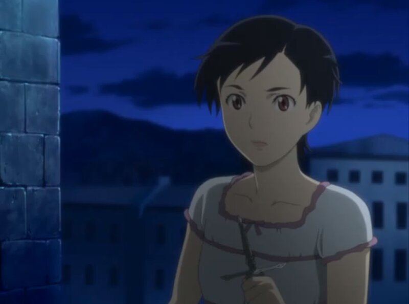 Anime Girl Holding Knife — Blue, Dramatic, Night, Building