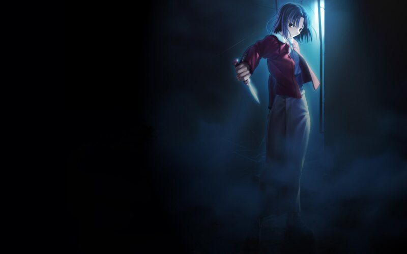 Anime Girl Holding Knife — Blue, Dramatic, Night, Dark Room