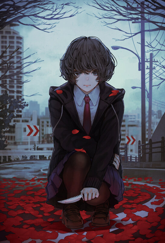 Anime Girl Holding Knife — Red, Dramatic, Night