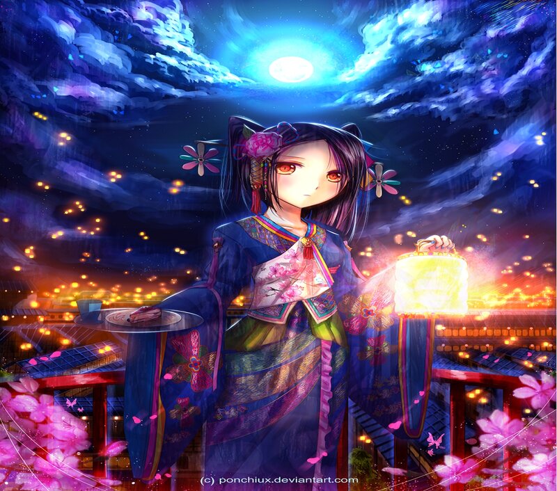 Anime Girl Holding Lantern — Blue