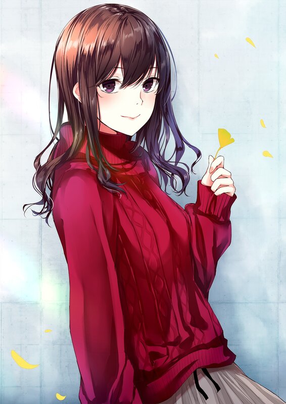 Anime Girl Holding Leaf — Red, Calm