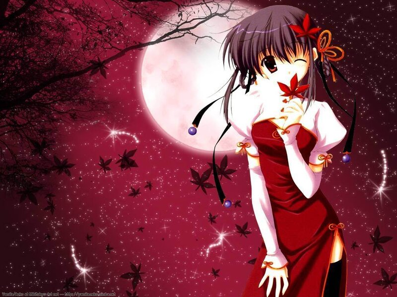 Anime Girl Holding Leaf — Red