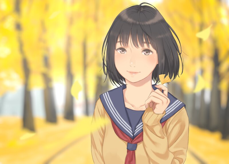 Anime Girl Holding Leaf — Yellow