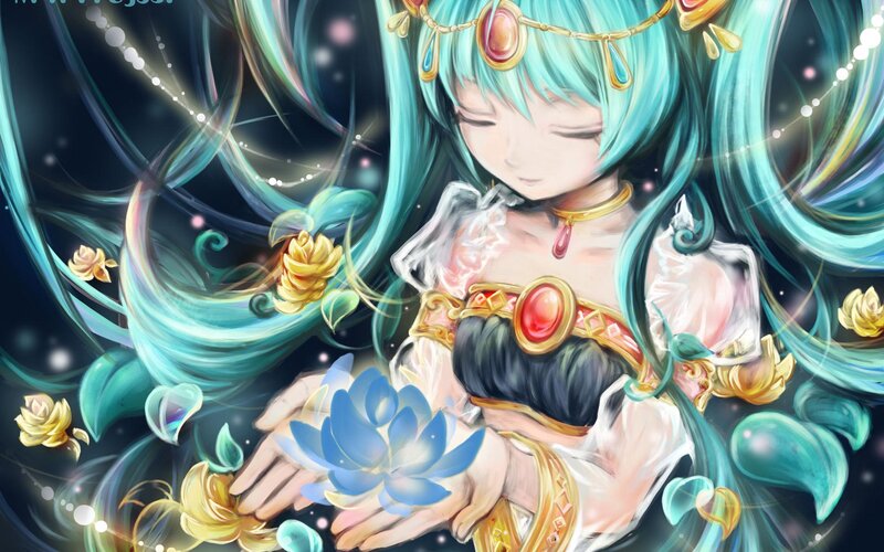Anime Girl Holding Lotus — Blue