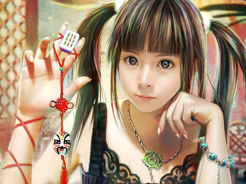 Anime Girl Holding Mahjong Tile — Brown