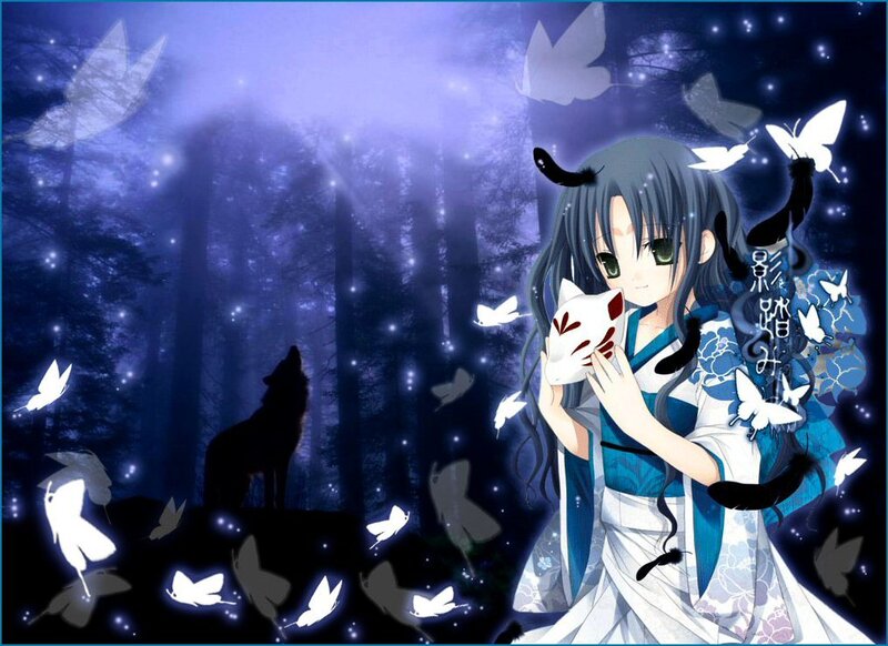 Anime Girl Holding Mask — Blue, Serene