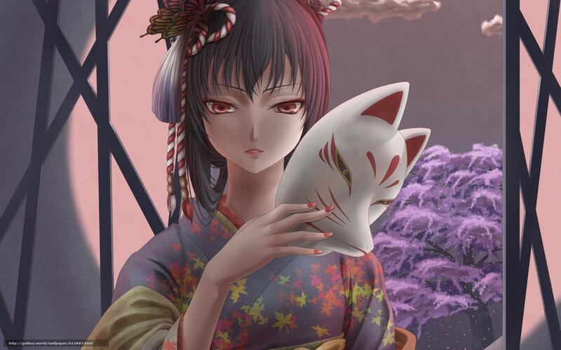 Anime Girl Holding Mask — Purple, Serene, Spring, Digital Art