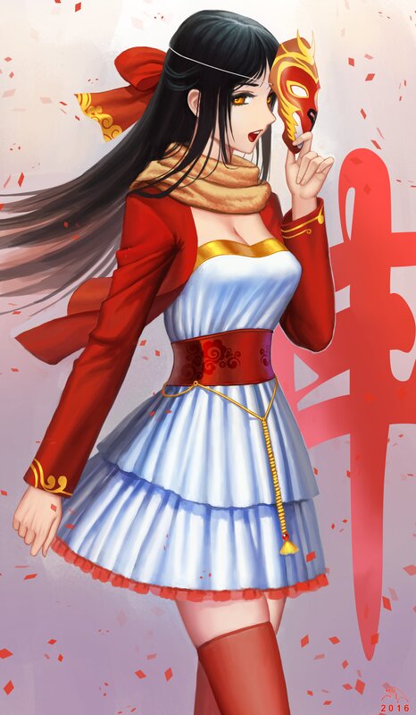 Anime Girl Holding Mask — Red, Festive