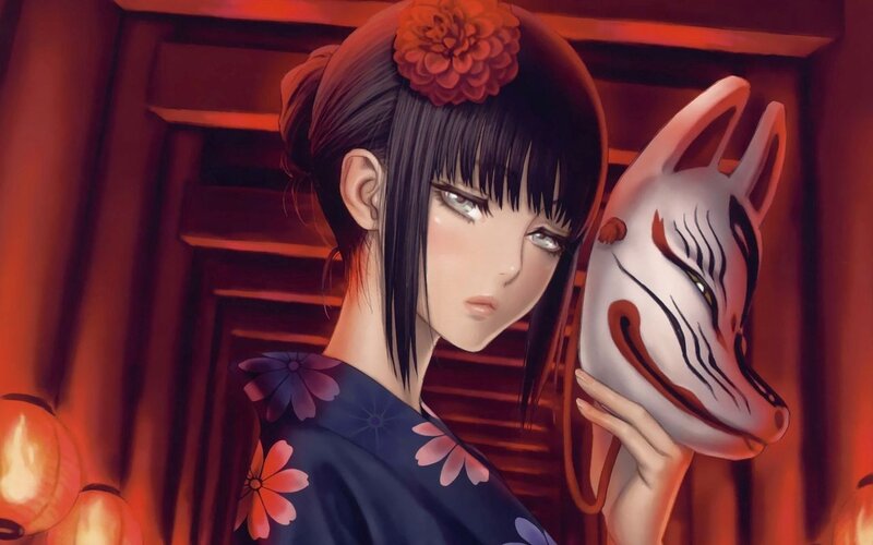 Anime Girl Holding Mask — Red