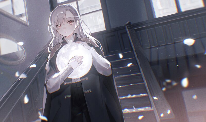 Anime Girl Holding Moon — Gray