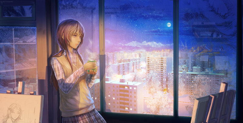 Anime Girl Holding Mug — Blue, Serene