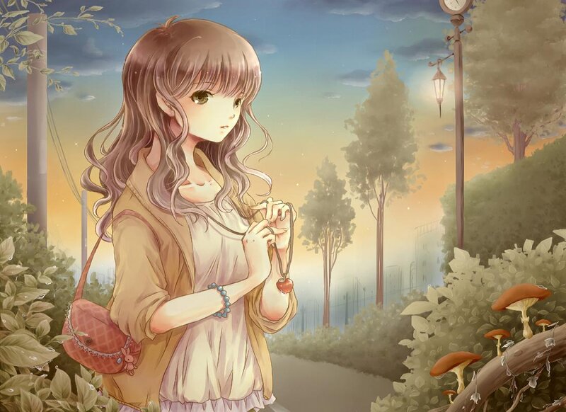 Anime Girl Holding Necklace — Brown