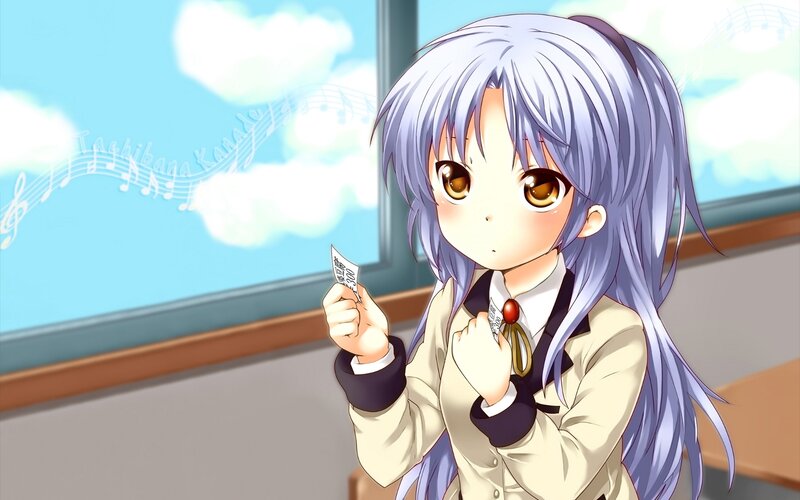 Anime Girl Holding Paper — Blue, Calm, Morning