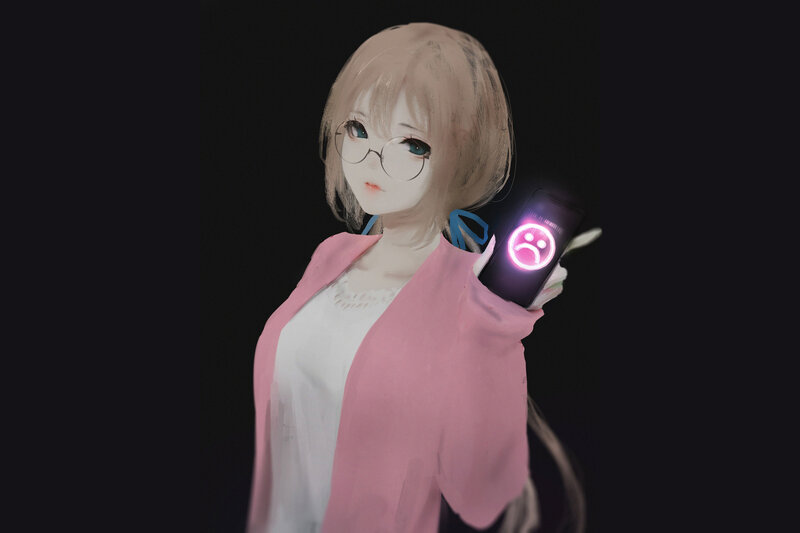 Anime Girl Holding Phone — Black, Dramatic