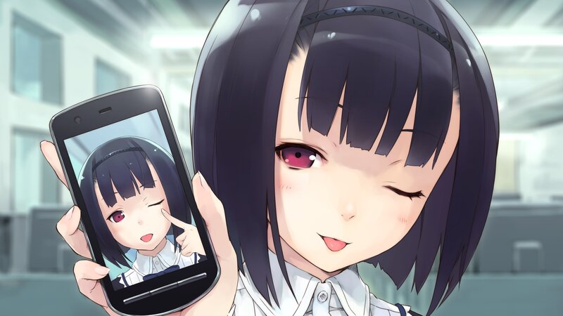 Anime Girl Holding Phone — Black, Playful, School Uniform