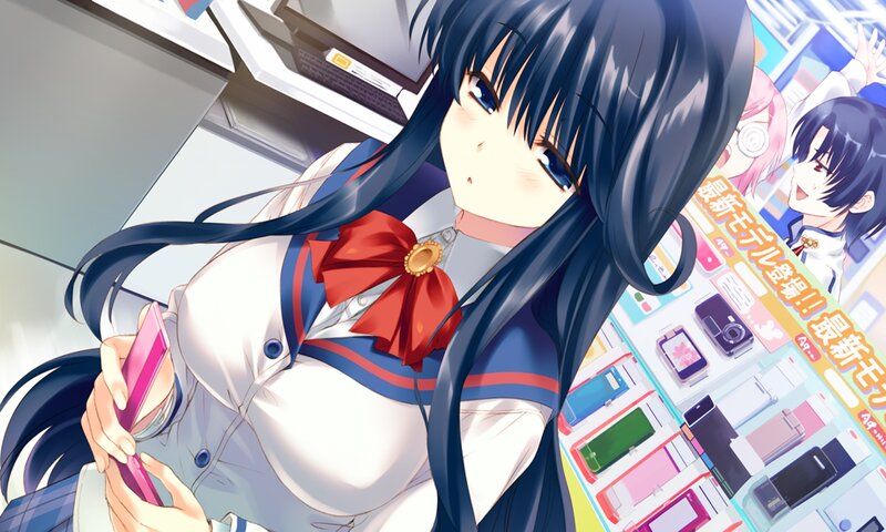Anime Girl Holding Phone — Blue, Calm