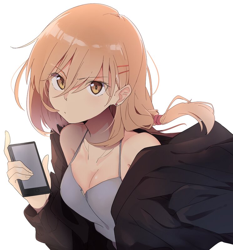 Anime Girl Holding Phone — Brown, Neutral, Jacket