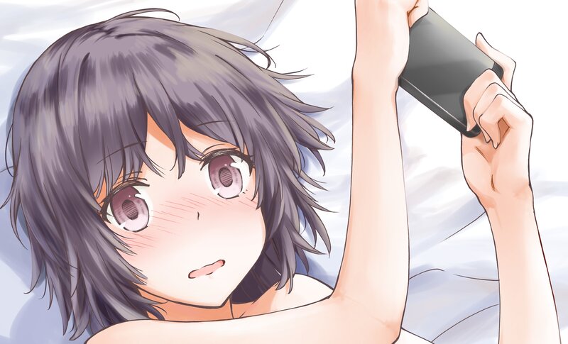Anime Girl Holding Phone — Gray, Calm