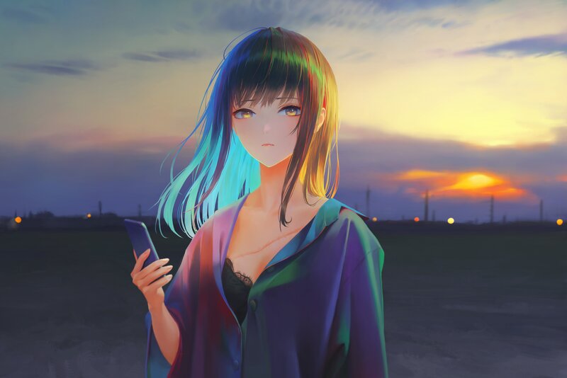 Anime Girl Holding Phone — Purple, Dramatic
