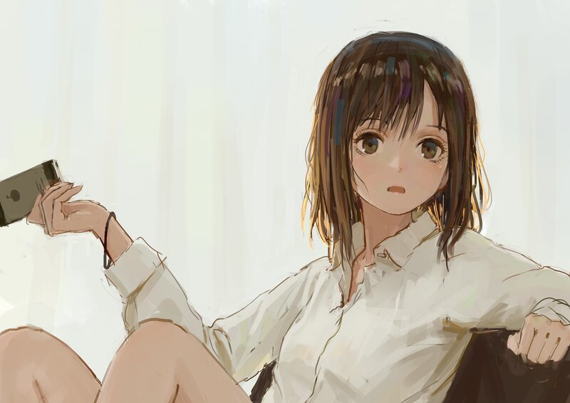 Anime Girl Holding Phone — White, Calm