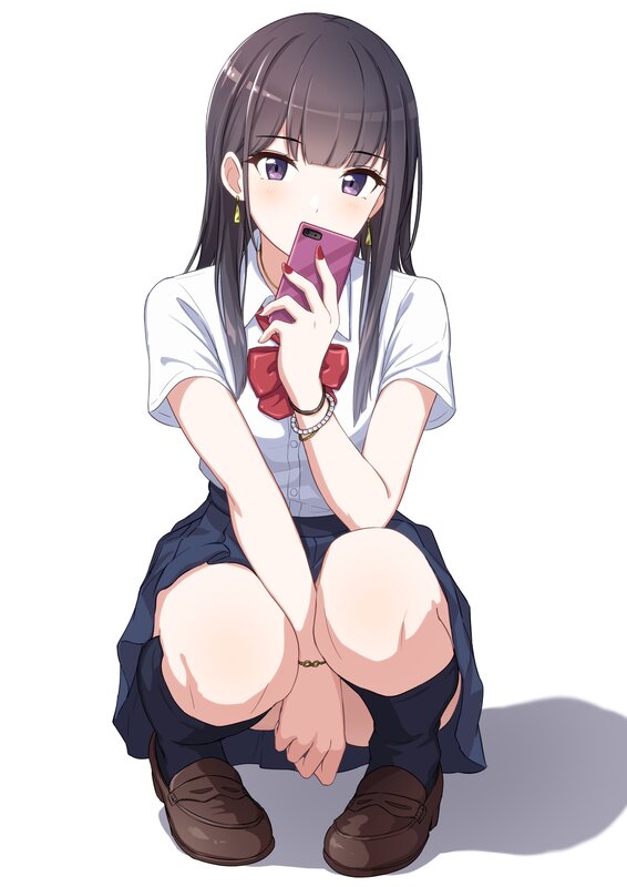 Anime Girl Holding Phone — White, Neutral, School Uniform, Skirt