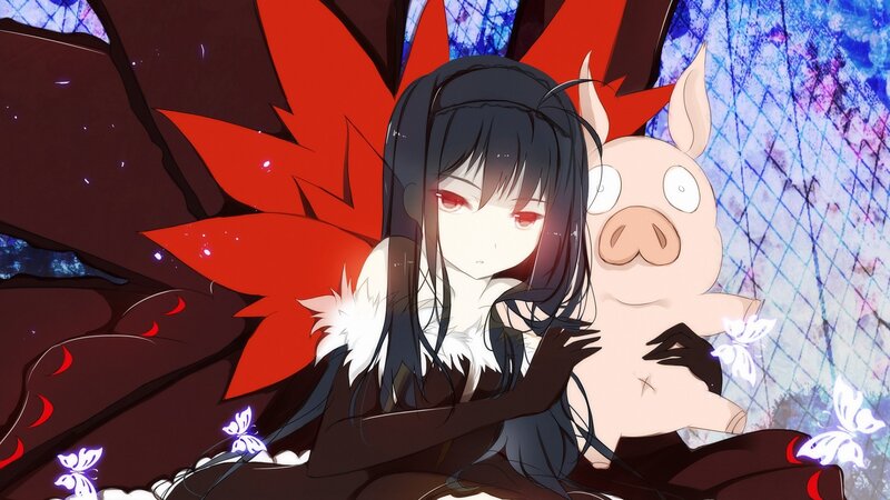 Anime Girl Holding Pig — Black, Dramatic, Butterflies