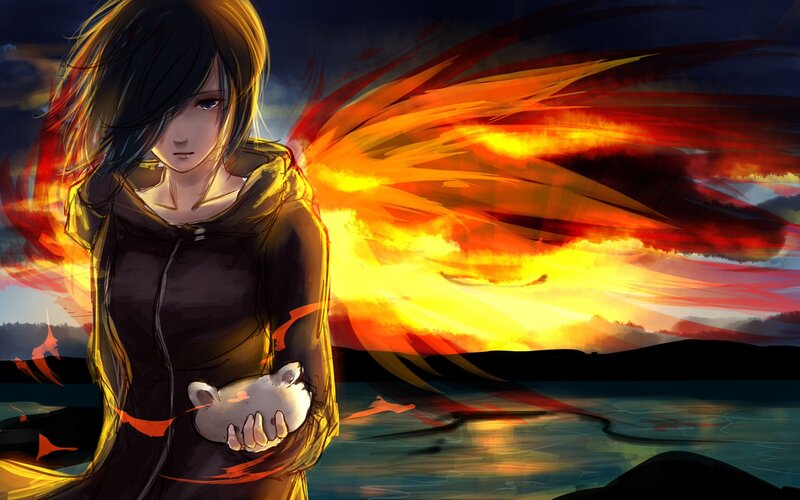Anime Girl Holding Piglet — Orange, Dramatic