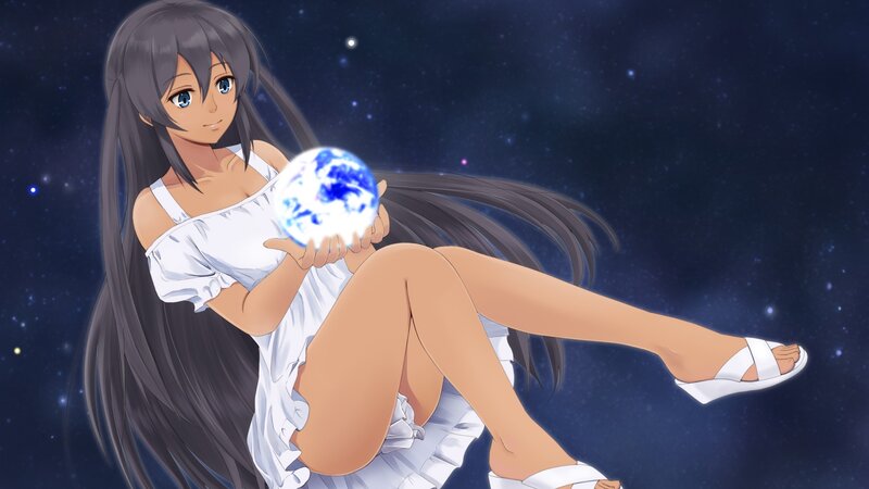 Anime Girl Holding Planet — Blue, Serene