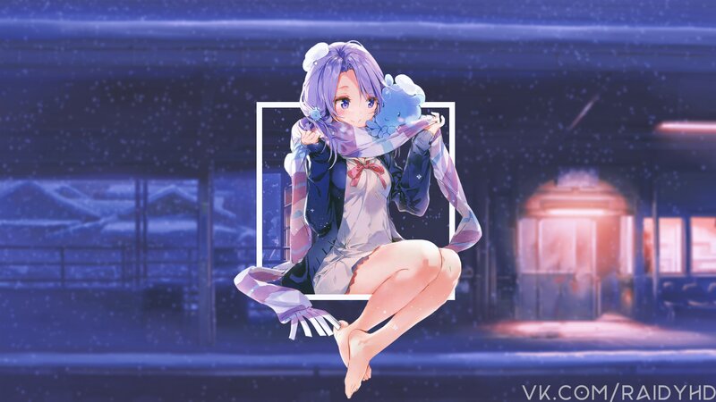 Anime Girl Holding Plush — Blue, Calm, Night